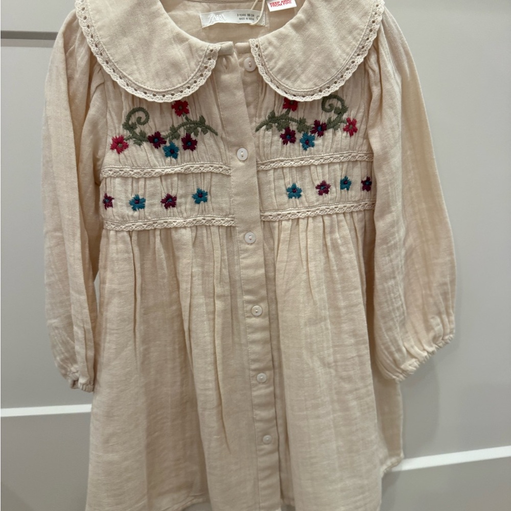 Zara Cream Dress with Multicolor Floral Embroidery